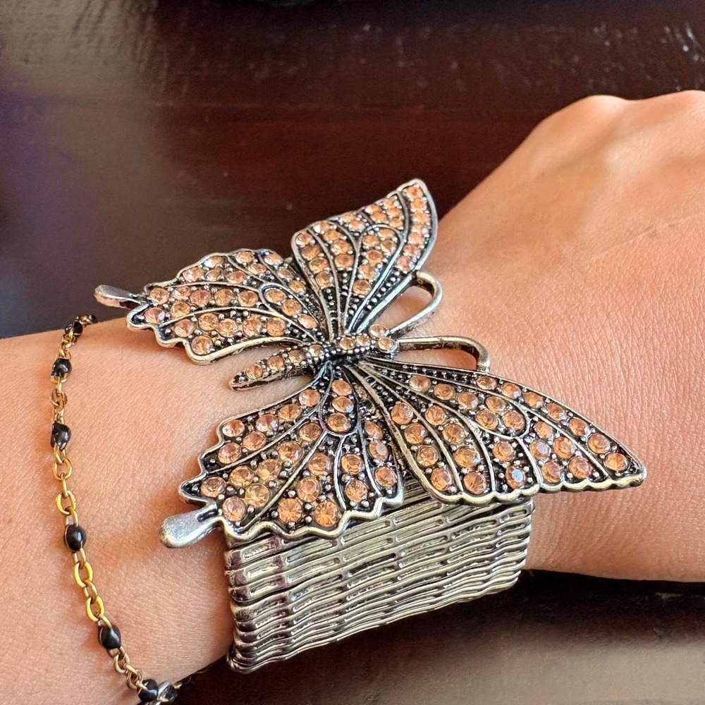 Vintage Rhinestone Butterfly Cuff Bracelet Silver Stretch Statement